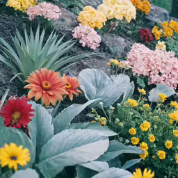 many colorful flowers and leaves near one another
