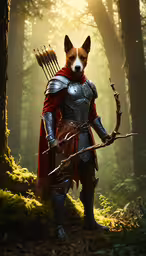 a dog wearing a costume standing in a forest,a man in a suit of armor holding a bow and arrow in a forest