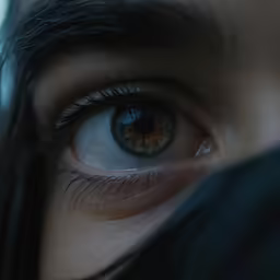 an eye with long black hair and blue eyes