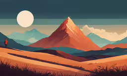 a painting with the sky, mountains and grass in it,an image of two people standing at the edge of a mountain