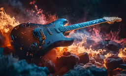 a guitar on fire with a dark background