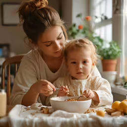 there is a woman feeding her baby with food