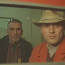two men sitting together as one watches the reflection in a mirror