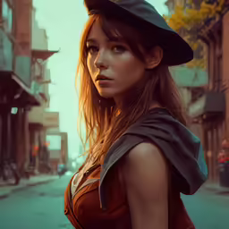 a woman wearing a hat is standing on the street