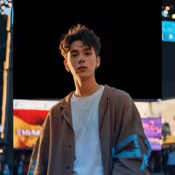 a man wearing an oversized jacket is looking at the camera