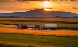 the sun is setting behind the truck driving down the road,there is an image of truck traveling through the rural area