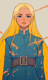 a woman with blonde hair is wearing a blue dress