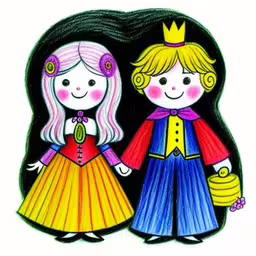 a drawing of two little girls dressed in renaissance clothing and a crown,a couple is standing next to each other