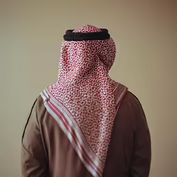a man wearing a red and white printed scarf