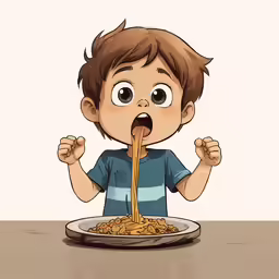 a cartoon kid has a spoon over spaghetti