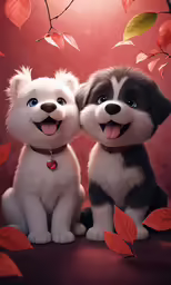 two stuffed husky puppies sitting with leaves around them