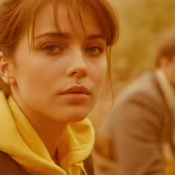 a woman wearing a brown jacket and yellow scarf on a mountain