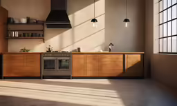 there are two lights above the stove and some brown cabinets