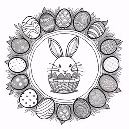 an image of a round decorated with a bunny and eggs,an easter card with a basket and some eggs,a coloring book page with a bunny and eggs,an easter wreath with lots of eggs and a rabbit,a drawing of an easter bunny in a basket surrounded by easter eggs