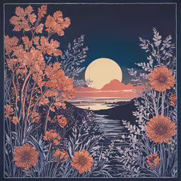 an artwork of sunset by the water and flowers,a night scene with the sun and water