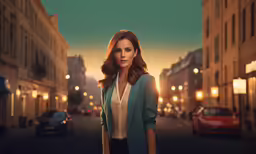 a woman standing on the sidewalk in the middle of an empty street