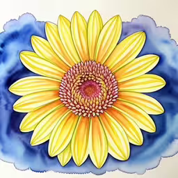 a drawing of a sunflower on a blue and white background