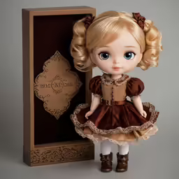 an adorable doll standing in front of a box