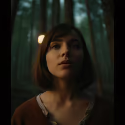 a woman standing in the woods staring at the light