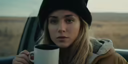 a woman sitting in a car holding a coffee mug