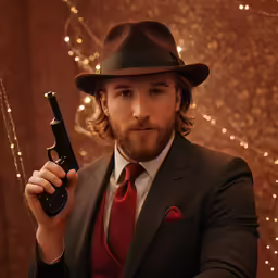 a man in a suit and tie is holding a gun