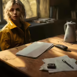 a woman sits at a desk with papers and a phone on it