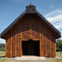 a wooden building with a black roof and a small window