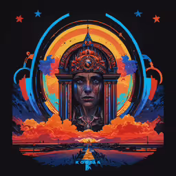 an old poster with a woman standing in front of a blue and orange background,a woman in front of a surreal background, looking over a large, orange sun