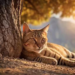 a tiger cat laying against a tree in the sun