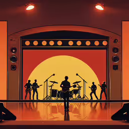 silhouette of band performing on stage with sunset in background,an image of a band performing on stage