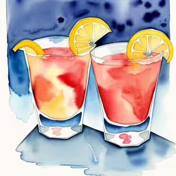 two glasses with different types of drinks in them,a watercolor painting with two cocktails with lemon on them,two glass cups with drinks that have lemon slices on them,two glasses filled with lemonade and a slice of lemon,a painting of two glasses filled with pink lemonade and vodka