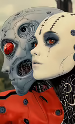 two people dressed in halloween costumes with orange eyes