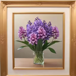 a vase filled with purple flowers and greenery