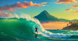 there is a man surfing on a big wave,a painting of a man surfing a wave