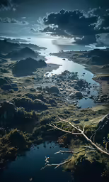 a lake is surrounded by grass and a lot of rocks