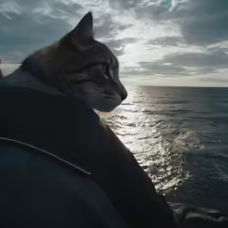 a cat wearing a jacket staring out at the ocean