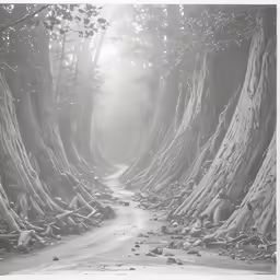 the view down a road lined by banyan trees
