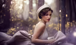 a woman sitting on top of a swing in the woods