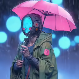 a person in a gas mask holding an umbrella