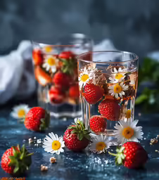 three glasses with strawberries, daisies and flowers on a table