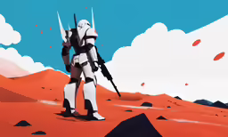 the clone soldier is standing in front of a desert landscape
