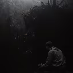 a man standing in the woods with a dragon head