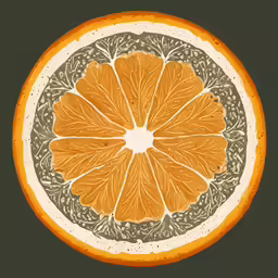 an orange is cut in half, with foliage on top of it