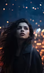 a girl with long hair standing in the rain