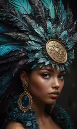 a young woman with blue and green feathers on her head