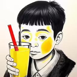 a drawing of a kid with paint all over his face holding a glass