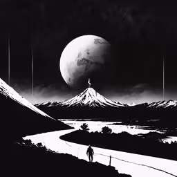 black and white illustration of the moon with a silhouette,a painting of mountains and the moon