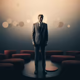 a man dressed in suit and tie standing on a stage