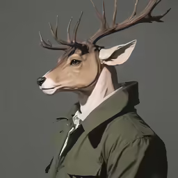 a deer head with a green coat and tie