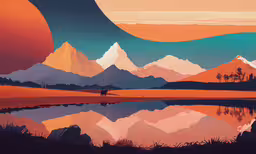 a landscape with mountains, hills and the ocean at sunset,a large poster depicting a landscape with mountains and a lone horse